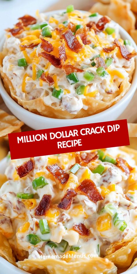 The Million Dollar Crack Dip is the ultimate party dip, and it’s incredibly easy to make! Loaded with cheesy, creamy goodness, it’s perfect for dipping chips, crackers, or veggies. This addictive dip will quickly become your go-to appetizer for any gathering. #DipsAndAppetizers #DeliciousDips #AppetizersForACrowd #FingerFoodsEasy Cheesy Dip, Ranch Seasoning Mix, Party Dip, Appetizers For A Crowd, Crowd Pleasing Appetizers, Finger Foods Easy, Party Dips, Bacon Cheddar, Chip Dip