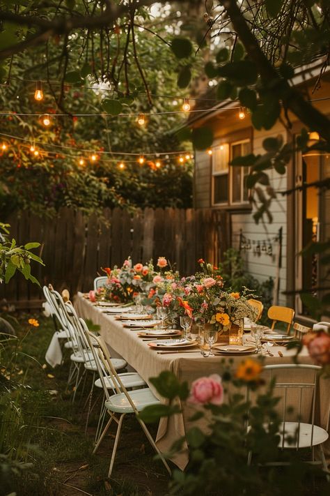 Outdoor table set for a garden party with floral centerpieces, string lights above, and surrounded by lush greenery near a wooden fence and house. Garden Party Entertainment, 25th Backyard Birthday Party, Simple Backyard Dinner Party, Small Backyard Birthday Party Setup, Floral Party Aesthetic, Witchy Garden Party, Backyard Birthday Party Decorations, House Birthday Party Decorations, Fun Backyard Party Ideas