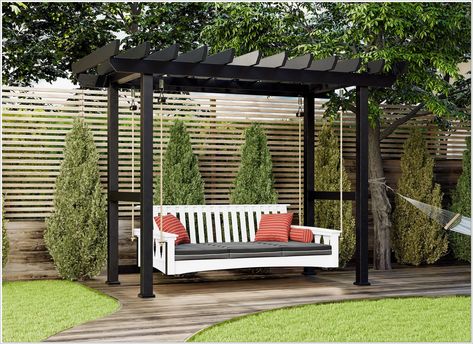 This is the perfect accessory for a summer porch! The bench swings are perfect for snuggling up with a good book or enjoying the fresh air. Black Pergola, Swing Bed, Backyard Swings, Pergola Swing, Garden Wallpaper, Outdoor Daybed, Garden Swing, Wooden Swings, Bed Swing