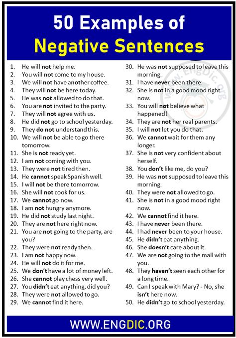 50 Examples of Negative Sentences 50 Negative Sentences He will not help me. You will not come to my house. We will not have another coffee. They will not be here today. He was not allowed to do that. You are not invited to the party. They will not agree with us. He did not go to school yesterday. They do not understand this. We will not be able to go there tomorrow. She is not ready yet. I am not coming with you. They were not tired then. He cannot speak Spanish well. I will not be there tomorr Optative Sentences Examples, Optative Sentences, Negative Sentences, Simple And Compound Sentences, English Everyday, Sentences Worksheet, Types Of Sentences Worksheet, Basic English Sentences, Sentence Examples