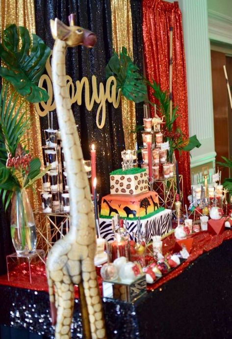 Sonya's African themed birthday party | CatchMyParty.com Sweet 16 African Theme, African Tribe Party Theme, African Themed Birthday Party, Wakanda Themed Party, African Theme Birthday Party Ideas, Out Of Africa Theme Party, Coming To America Party Theme, African Themed Party, African Theme Party