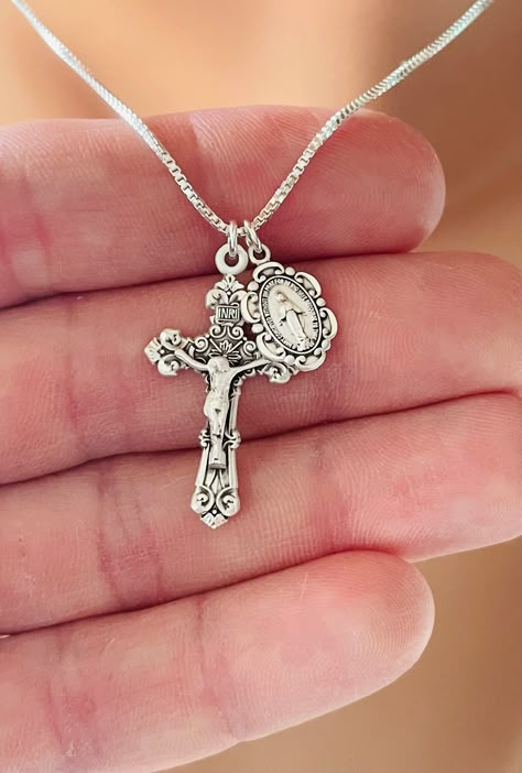 Sterling silver crucifix necklace miraculous medal double charm necklace Box chain Jesus Mary small cross necklaces Catholic jewelry gift Crucifix Necklace Silver, Catholic Jewelry Silver, Small Silver Cross Necklace, Mexican Jewelry Silver, Silver Virgin Mary Necklace, Vintage Catholic Jewelry, Silver Crucifix Necklace, Unique Cross Necklace, Sterling Silver Crucifix Necklace