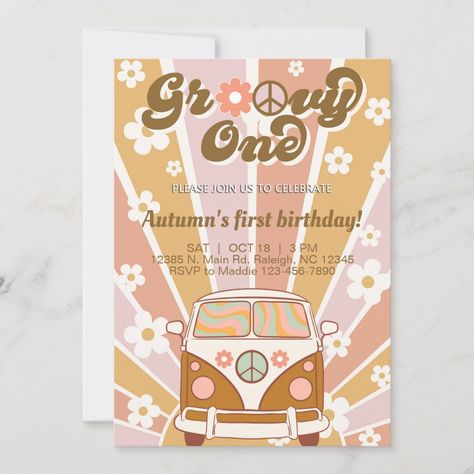 Hippie First Birthday Girl, One Groovy Girl Birthday, One Birthday Invitations, Groovy One First Birthday, Groovy One Birthday, Groovy One, First Birthday Favors, First Birthday Invite, Ellie Mae