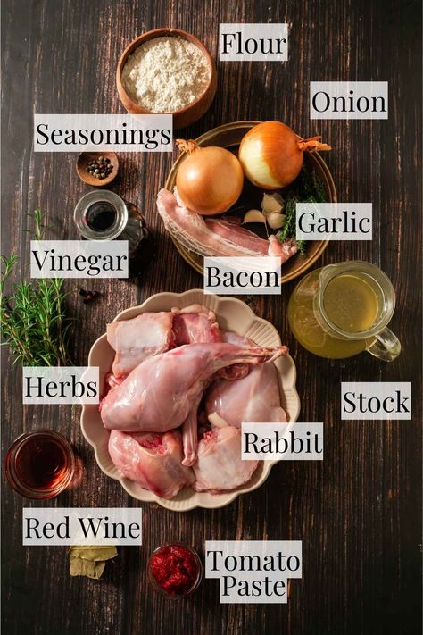 All of the ingredients needed to make hasenpfeffer, a traditional German rabbit stew. Slow Cooker Rabbit Stew, Slow Cooker Rabbit Recipes, Slow Cooker Rabbit, Swiss Cuisine, Rabbit Recipes, Rabbit Stew, German Cooking, Nourishing Traditions, American Foods