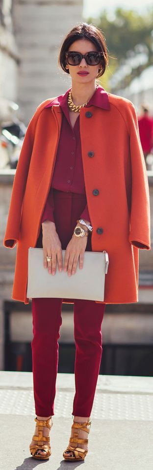 Dark Winter. Leila Yavari, Orange Coat, Color Blocking Outfits, Stockholm Street Style, Paris Mode, Winter Mode, Looks Street Style, Red Pants, Style Crush