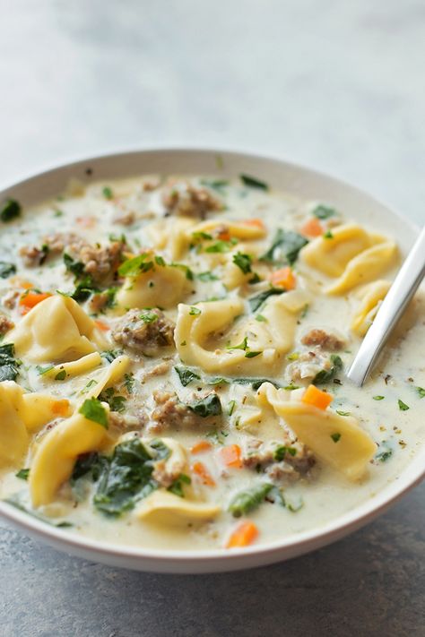 Creamy Sausage and Tortellini Soup | lifemadesimplebakes.com Creamy Sausage Tortellini Soup, Creamy Sausage Tortellini, Sausage And Tortellini Soup, Sausage And Tortellini, Life Made Simple, Sausage Tortellini Soup, Sausage Tortellini, Hot Italian Sausage, Tortellini Soup