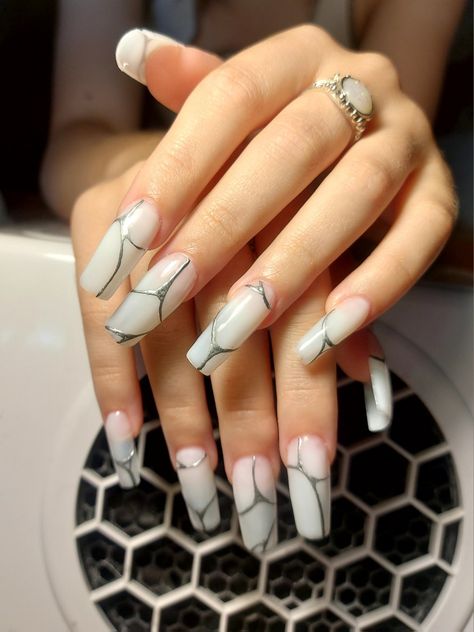 trendy nails, milky nails with silver paint, milky white nails, nail extension, long square nails, silver gel paint, gel polish, gel nails 2023, aesthetic design Nails Extension Designs White, Milky White Nails With Silver Design, Milky White Silver Nails, Milky White Nails With Design Square, Milky White And Silver Nails, Trending Now 2023, Nail Designs Trending Now, Nails Milky, Milky White Nails