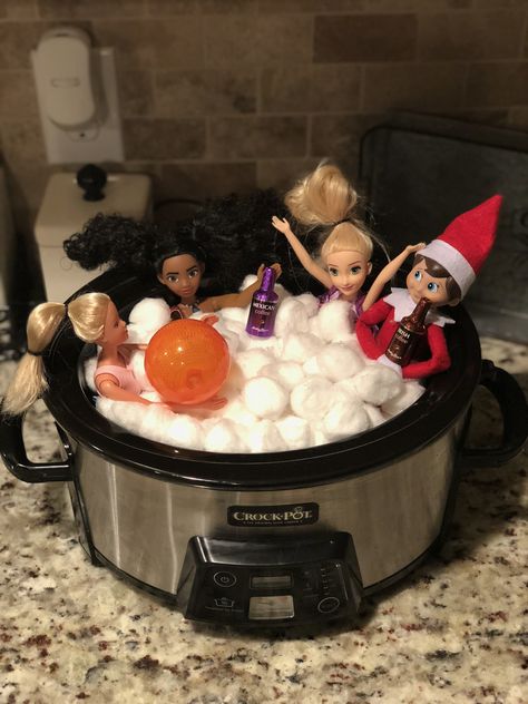 Elf on the shelf hot tub party Hot Tub Elf On The Shelf, Elf On The Shelf Ideas Coming Home, Tik Tok Elf On The Shelf, Elf On The Shelf Christmas Caroling Ideas, Elf On The Shelf Hot Tub, Wicked Elf On The Shelf, Barbie Elf On A Shelf, Snoop On Stoop Ideas, Elf Hot Tub