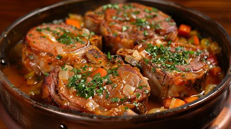 Dans notre quête culinaire d'aujourd'hui, nous plongeons au cœur de la Lombardie pour redécouvrir un classique intemporel de la cuisine italienne : l'osso bucco de porc. Cette version moderne du traditionnel osso bucco milanais nous emmène dans un voyage savoureux, où les tranches généreuses de jarret de porc mijotent lentement jusqu'à l'obtention d'une tendreté à faire fondre Oslo Bucco, Osso Bucco Recipe, Electric Skillet Recipes, Osso Bucco, Pulled Pork, Main Course, Savoury Food, Italian Recipes, Gluten Free