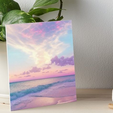 Professionally printed on firm, textured mat boards perfect for desks and shelves. Supplied with 3M velcro dots to easily affix to walls. Available in standard sizes. Experience the soothing embrace of the horizon with this stunning piece of art capturing the mesmerizing beauty of a pink and blue cloudy sunset by the beach. The pastel hues of the sky and the gentle waves of the sea create a serene and romantic ambiance, inviting you to immerse yourself in the peacefulness of nature Pretty Pink Paintings, Pink Beach Art, Blue Pink Painting, Pastel Sunset Painting, Pastel Sky Painting, Pink Sunset Painting, Cloudy Sunset, Romantic Ambiance, Sky Art Painting