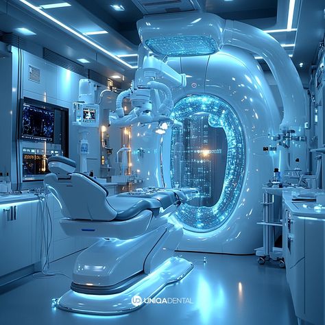 Hyper-Realistic Futuristic Dental Office with AI and Robotic Technology Futuristic Display Design, Denture Repair Kits, Denture Adhesives, Futuristic Display, Office Technology, Dental Cement, Dental Office Architecture, Holographic Displays, Dental Jokes