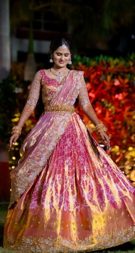 Haldi South Indian Bride, Half Saree New Trend, South Indian Look For Haldi, Half Saree Jewellery Ideas, Half Saree For Reception For Bride, South Indian Bridal Lehenga, Patu Saree Blouse Designs Latest Designs, Half Saree Designs For Engagement, South Indian Bride Engagement Look