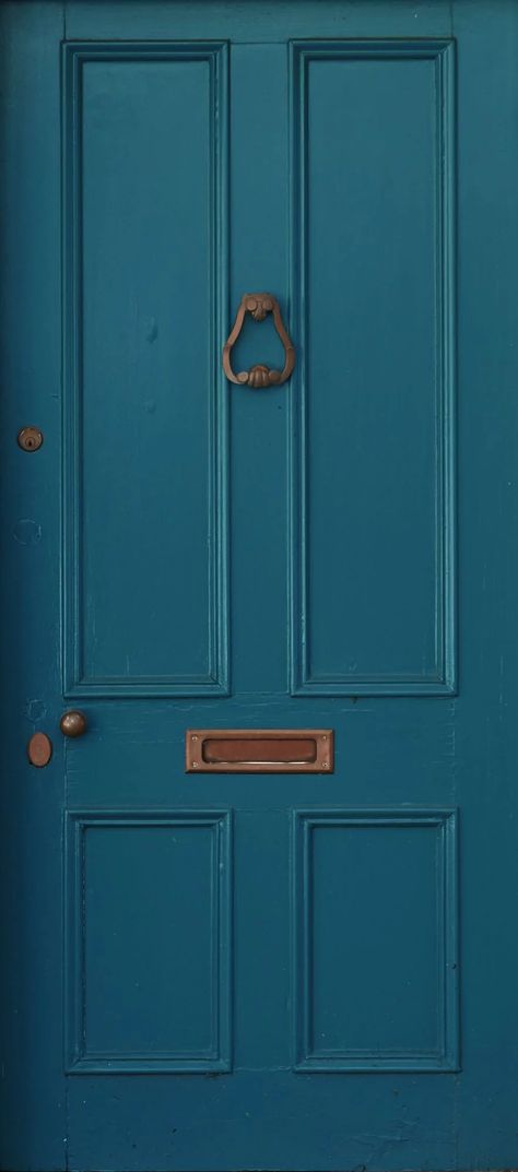 Front Door in Sherwin-Williams Oceanside Funky Cabin, Tesla House, Blue Front Doors, Doors Colors, Painting Your Front Door, Richmond House, Teal Front Doors, Sherwin Williams Blue, Teal Door