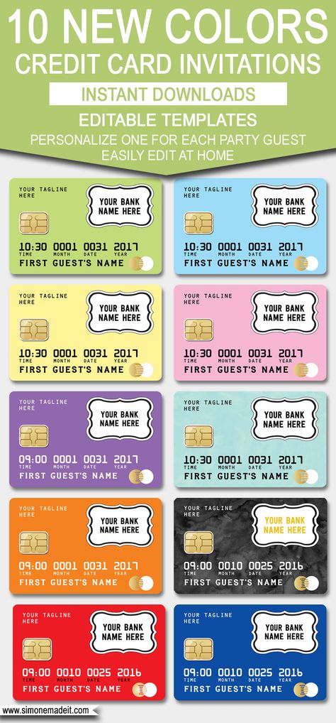 New colors - Credit Card Invitation Template | Mall Scavenger Hunt Party Invitations | Shopping Party Theme | Editable & Printable DIY Templates | $7.50 INSTANT DOWNLOAD via simonemadeit.com Credit Card Invitation, Shopping Birthday Party, Mall Birthday, Scavenger Hunt Birthday Party, Halloween Scavenger Hunt For Kids, Mall Scavenger Hunt, Credit Card Template, Scavenger Hunt Party, Small Business Credit Cards