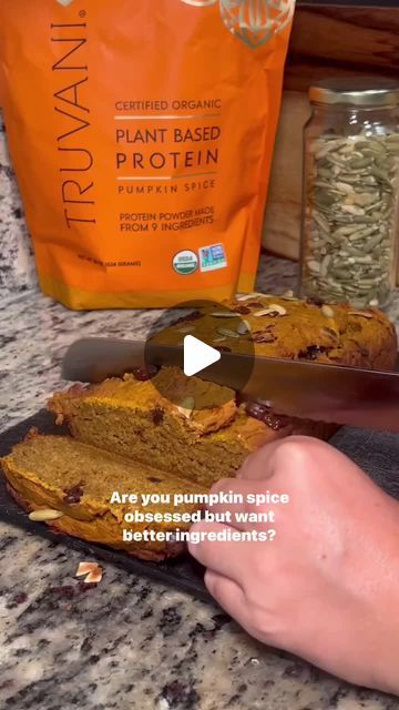 Truvani on Instagram: "I’m obsessed with Truvani’s Pumpkin Spice Protein and guys… trust me, you will be too🎃

You’ll definitely want to make this Protein Pumpkin Bread this weekend:

1.5 cups pumpkin puree
½ cup Truvani Pumpkin Spice Protein Powder 
1 egg
¼ - ⅓  cup coconut sugar, maple syrup or honey
⅓ cup melted coconut oil
1 tsp vanilla extract
1 tsp baking soda
1 cup organic all purpose flour
1 tsp pumpkin pie spice

Optional add ins: dark chocolate chips and pumpkin seeds / almond milk to thin out the batter if you need it

Preheat oven to 350. Mix all ingredients together in a bowl. Spray bread pan with coconut oil and add mixture in. Add desired toppings. Bake for 55 mins (using the toothpick test to determine readiness)." Protein Pumpkin Bread, Pumpkin Spice Bread, Spice Bread, Bread Pan, Sugar Maple, All Purpose Flour, Pan Bread, Pumpkin Pie Spice, Organic Plants