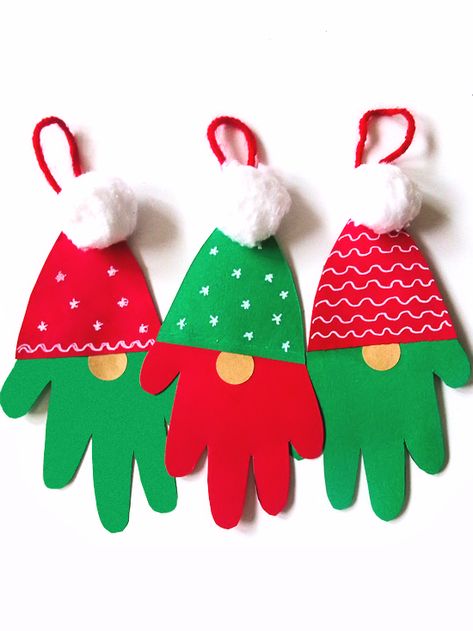 Easy Christmas Art For Kids, Homemade Ornaments For Kids, 2nd Grade Christmas Crafts, Christmas Gnome Craft, Daycare Projects, Gnome Craft, Christmas Tree Ornament Crafts, Christmas Handprint Crafts, Kindergarten Craft