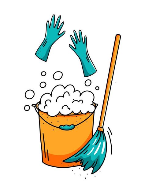 Hand drawn cleaning elements. Isolated on white background mop, bucket of foam and rubber gloves. Vector illustration in doodle style. Mop Drawing, Cleaning Doodles, Cleaning Cartoon, Mop Bucket, Doodle Style, Rubber Gloves, Doodle Illustration, White Background, Vector Free