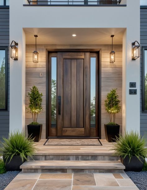 52 Modern Entryway Ideas to Elevate Your Home’s First Impression Front Door Modern Farmhouse Entrance, Wood Door Exterior Modern, Front Door Way Ideas, Entry Door Ideas Entrance, Wide Front Doors Entrance, Front Door With One Large Sidelight, Front Door Of House, Porch Door Ideas Entrance, Antique Front Door Entrance