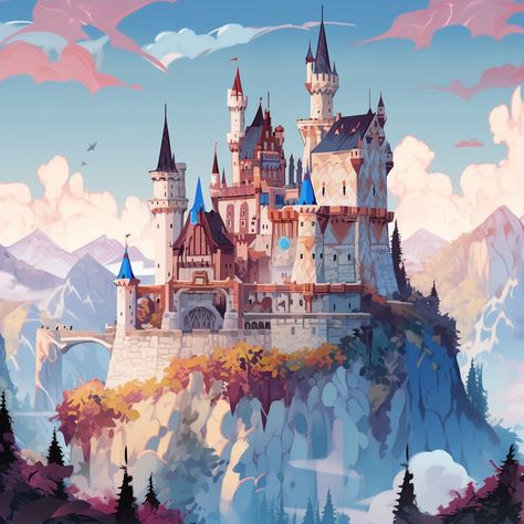 Fantasy Cliff Village, Fantasy Landscape Castle, Mountain Castle Fantasy Art, High Fantasy Castle, Medieval Castle Illustration, Cliff Side Castle, Fantasy Mountain Castle, Castle In Distance, Minecraft Mountain Village