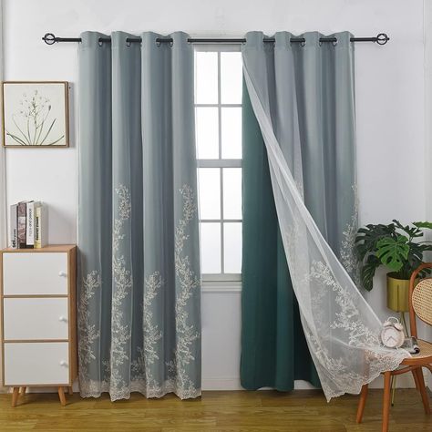 Amazon.com: GYROHOME Mix and Match Curtains with Embroiered Sheer Voile, Double Layer Room Darkening Drapes Grommet Top Thermal Insulated for Bedroom, 2Panels, 52x63inch, Dark Green : Home & Kitchen Mix And Match Curtains, Kids Room Divider, Layered Curtains, Room Divider Curtain, Drape Panel, Sheer Curtain, Room Darkening, Sheer Curtains, Kids Playroom