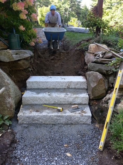 Rock Steps Porch Front Entry, Pathway To Front Door, Hardscape Steps, Hillside Steps, Entryway Addition, Front Porch Stone Steps, Diy Stone Patio, Stone Entrance, Basement Patio