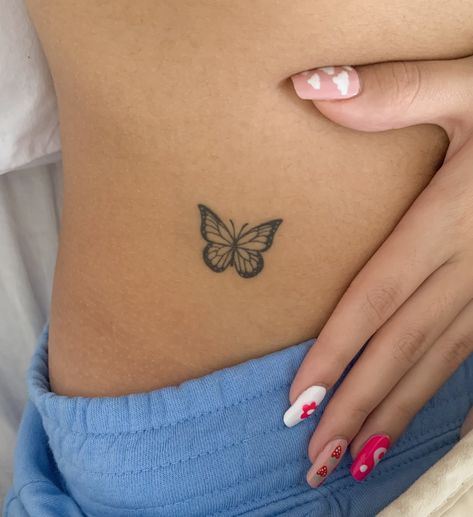 small tiny fine line butterfly hip tattoo Butterfly Tattoo Waist Line, Mini Flower Wrist Tattoo, Small Butterfly Tattoo On Stomach, Small Butterfly Tattoo Hip, Danty Tattoos Small On Hip, Waist Tattoos Butterfly, Small Fine Line Hip Tattoo, Butterfly Tattoo Hip For Women, Butterflies Hip Tattoo