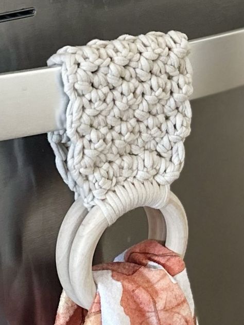 Crochet Towel Holders Pattern - 3 Ways | Simply Made by Erin Crochet Kitchen Towel Holder Ring, Crochet Paper Towel Holder, Crochet Wooden Ring Towel Holder, Crocheted Towel Holders Free Pattern, Crochet Towel Hanger Free Pattern, Crochet Towel Rings, Crochet Towel Hanger, Crochet Towel Holder With Wooden Ring, Towel Holder Crochet Pattern Free