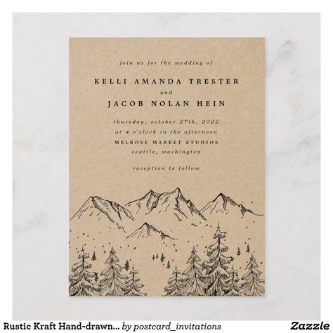 Pine Wedding Invitations, Drawn Mountains, Outdoor Rustic Wedding, Hand Drawn Wedding Invitations, Trees Wedding, Mountain Wedding Invitations, Postcard Wedding Invitation, Tree Wedding Invitations, Budget Wedding Invitations