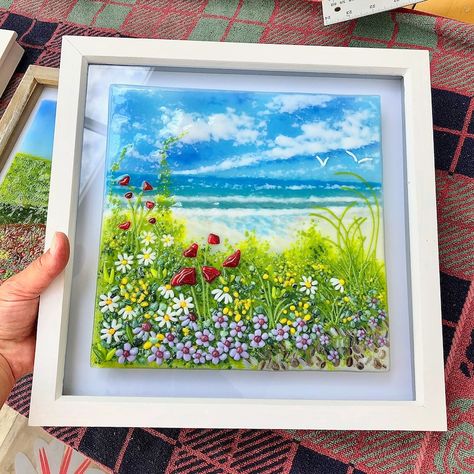 Beach Glass Crafts Artwork, Fused Glass Beach Scene, Glass Powers, Stone Hedge, Fused Glass Beach, Glass Frit Painting, Coastal Flowers, Seaside Pictures, Frit Painting