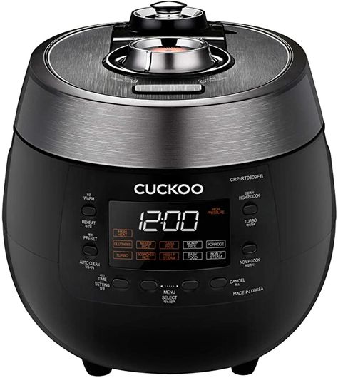 Amazon.com: Cuckoo CRP-RT0609FB - 6 Cups, Twin Pressure Rice Cooker & Warmer - GABA, Scorched, Turbo - High/Non Pressure Steam Options - Made in Korea - Black: Kitchen & Dining Scorched Rice, Food Steamers, Steam Recipes, Rice Porridge, Rice Cookers, How To Cook Rice, Glutinous Rice, Cooking Art, White Rice