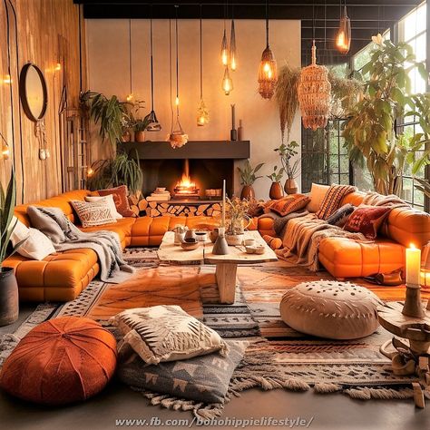 70s Inspo Living Room, Boho Living Room Decor Burnt Orange, Bohemium Living Room, Bohemian Luxury Interior, Earthy Boho Kitchen, Boho Lighting Living Room, Burnt Orange Living Room, Boho Hippie Home, Boho Lounge