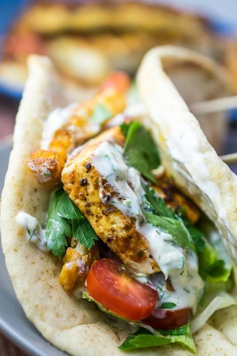 Grilled Tofu Gyros Recipe | Homemade Vegan & Vegetarian Gyros Tofu Gyros, Vegan Cookout Recipes, Vegan Cookout, Vegan Grilling Recipes, Healthy Junk Food, Vegetarian Junk Food, Cauliflower Steaks Recipes, Vegan Bbq Recipes, Grilled Sweet Potatoes