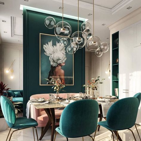 Moscow, Russia - Beautiful emerald green tones to accent this dining room space [1080x1077] - Imgur Bungalow Decor, Green Dining Room, Interior Boho, Interior Design Minimalist, Craftsman Bungalow, Decor Eclectic, Dining Room Spaces, Interior Vintage, Decor Shabby Chic