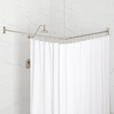 Boys Shared Bathroom, Bathroom Remake, Corner Shower Curtain, Brass Shower Curtain Rod, Double Shower Curtain Rod, Corner Shower Curtain Rod, Natural Wood Bathroom Vanity, Brass Curtain Rods, Brushed Nickel Shower