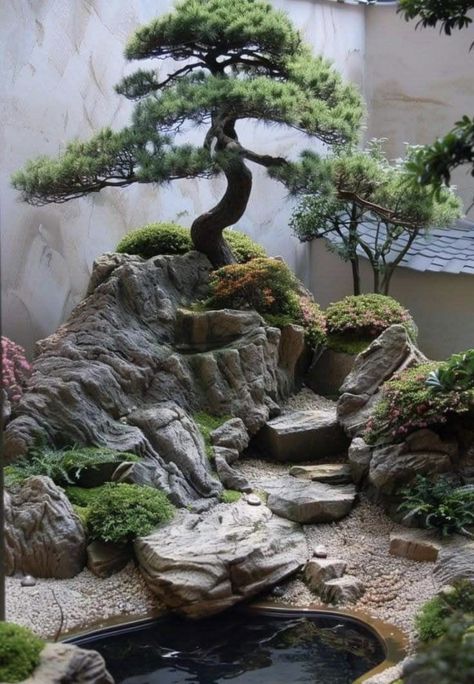 Mini Japanese Garden, Garden Design Indoor, House Plants Aesthetic, Plant Bedroom Aesthetic, Indoor Interior Design, Indoor Garden Design, Garden Ideas Indoor, Styling Plants, Japanese Gardens Design Ideas