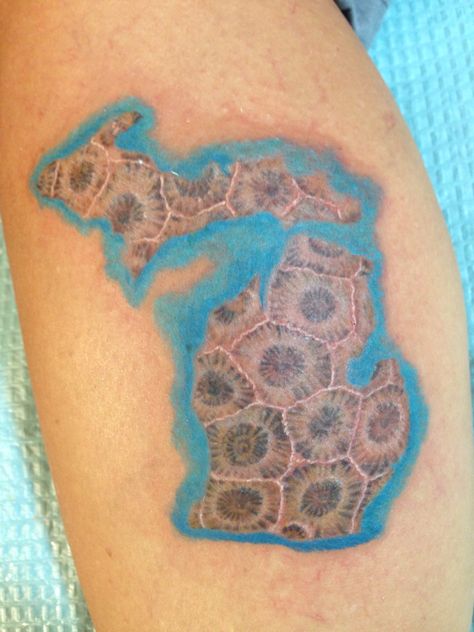 Pure Michigan! Done by Ram Lee @ Traverse City Tattoo. Petoskey Tattoo, Petoskey Stone Tattoo, Michigan Tattoo Ideas, Michigan Tattoo, Hydrangea Tattoo, Michigan Tattoos, Ram Tattoo, Stone Tattoo, City Tattoo