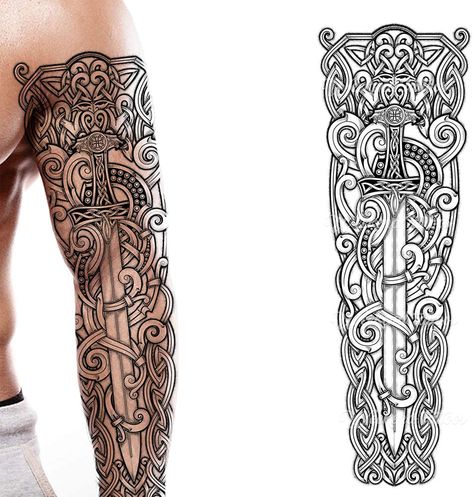 temporary tattoo sword viking games of thrones full arm sleeve london untied kingdom uk Medieval Tattoo Ideas, Celtic Sleeve Tattoos, Celtic Tattoos For Men, Black Viking, Celtic Medieval, Viking Tattoo Sleeve, Tattoo Filler, Arm Temporary Tattoos, Full Arm Tattoos