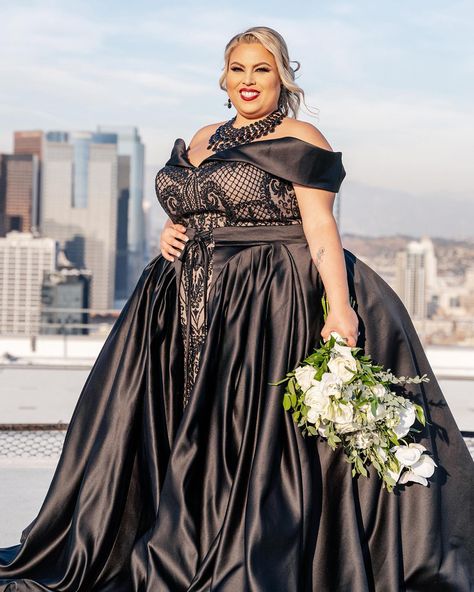 Black Wedding Dresses: 33 Unusual Styles + FAQs Plus Size Black Wedding Dresses, Black Ball Gown Elegant, Dresses With Overskirt, Famous Wedding Dress Designers, Famous Wedding Dresses, Black Lace Wedding Dress, Black Lace Wedding, Black Lace Gown, Wedding Hairstyles For Medium Hair