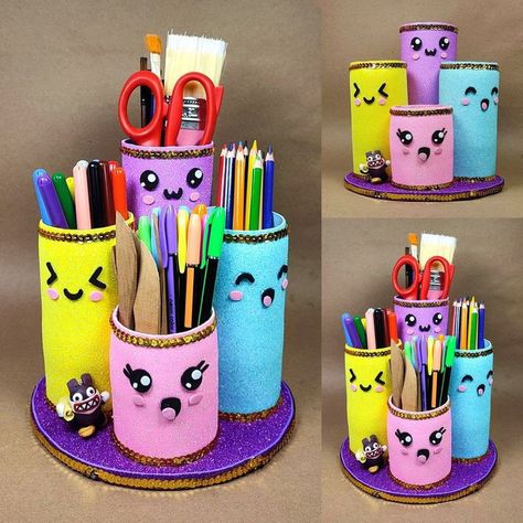 Pen Holder Diy, Diy Pencil Holder, Diy Stationary, Cardboard Crafts Diy, Toilet Paper Crafts, Easy Paper Crafts Diy, Hand Crafts For Kids, Diy Bottle Crafts, Kraf Diy