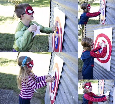 Pin the Star on Captain America's Shield Party Game Avenger Party, Superhero Party Games, Captain America Birthday Party, Captain America Party, Captain America Birthday, Girls Party Games, Marvel Birthday Party, Marvel Party, Hulk Birthday