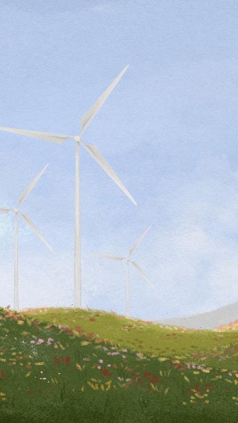 Wind Turbines Art, Aesthetic Mobile Wallpaper, Illustration Phone Wallpaper, Background For Poster, Aesthetic Mobile, Aesthetic Watercolor, Phone Wallpaper Aesthetic, Farm Landscape, Watercolor Vector