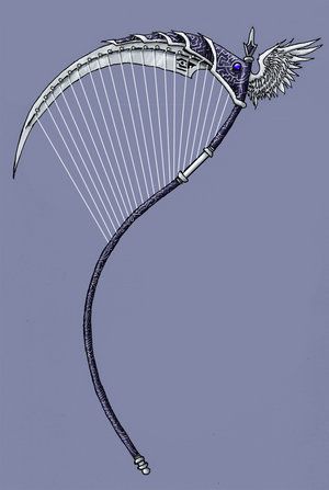 K Weaponized Harp, Dnd Scythe Item, Scythe Guitar, Dnd Scythe, Bone Scythe, Daedric Prince, Character Profiles, Fantasy Props, Fantasy Concept Art