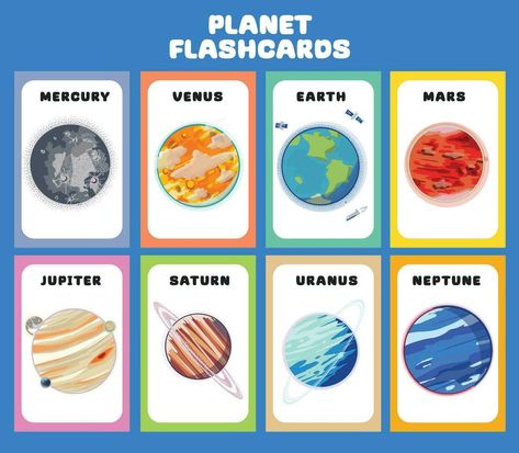 Planets Flashcards, Solar System Flashcards, Planets In The Solar System, About Planets, Planets Solar System, Space Vector, Solar System Planets, Flashcards For Kids, Planets Art