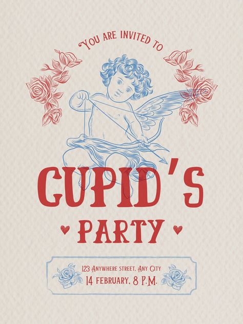 Templates Romance Graphic Design, Valentine's Day Poster Design Ideas, Romantic Poster Design, Retro Valentines Aesthetic, Valentines Disco, Cupid Aesthetic, Cupid Graphic, Vintage Cupid, Valentines Aesthetic