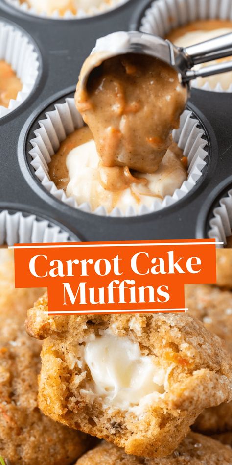 Start your morning off on the right foot with these irresistible Carrot Cake Muffins with cream cheese filling! Moist and flavorful muffins packed with grated carrots, spices and a surprise filling of creamy, tangy cream cheese. Muffin Recipes Carrot Cake, Carrot Cake Streusel Muffins, Best Carrot Cake Muffins, Surprise Carrot Cake, Cream Cheese Carrot Coffee Cake, Moist Carrot Muffins Recipe, Carrot Cake Muffins With Cream Cheese Filling, Different Muffin Flavors, Carrot Muffin Recipes Moist