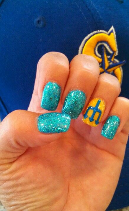 Seattle Mariner Nails Mariners Nails Baseball, Mariners Nails, Seattle Mariners Nails, Sports Themed Nails, Baseball Nail Designs, Press On Nails Size, Baseball Nails, Mariners Baseball, Girly Hair