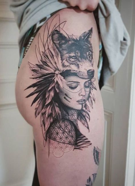 Internet Tattoo, Tattoo Bein Frau, Wolf Girl Tattoos, Wolf Tattoos For Women, Tattoo Wolf, Beautiful Wolf, Wolf Tattoo Sleeve, Native Tattoos, Muster Tattoos