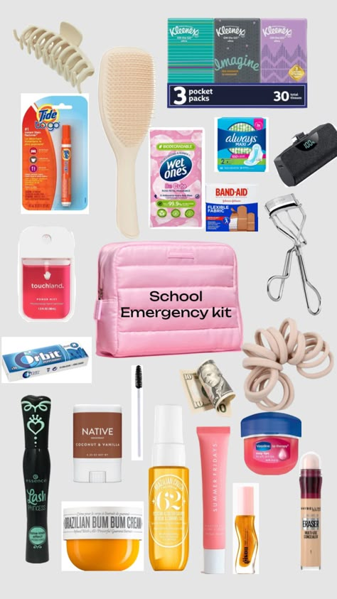 School emergency kit Emergency Kit For School 8th Grade, School Emergency Kit For Girls Highschool, Emergency Travel Kit, Emergency Pouch For School, Preppy Emergency Kit, 5th Grade Emergency Kit, Teen Emergency Kit, School Emergency Kit Highschool, Emergency Kit For School 6th Grade