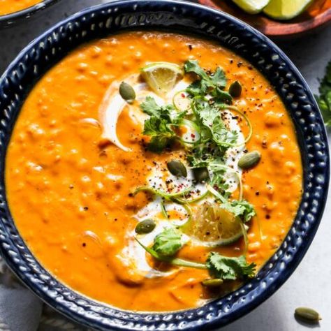 Pumpkin Red Lentil Soup - Dishing Out Health Nutritional Dinners, Clean Soups, Pumpkin Lentil Soup, Pumpkin Lentil, Dishing Out Health, Curry Coconut, Beans Beans, Vegan Lentil Soup, Veg Soup