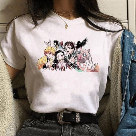 Otaku Clothes, Printed Tshirt Women, T-shirt Display, Slayer Shirt, Shirt Display, White Collared Shirt, Anime Inspired Outfits, Womens Tops Summer, Anime Shirt